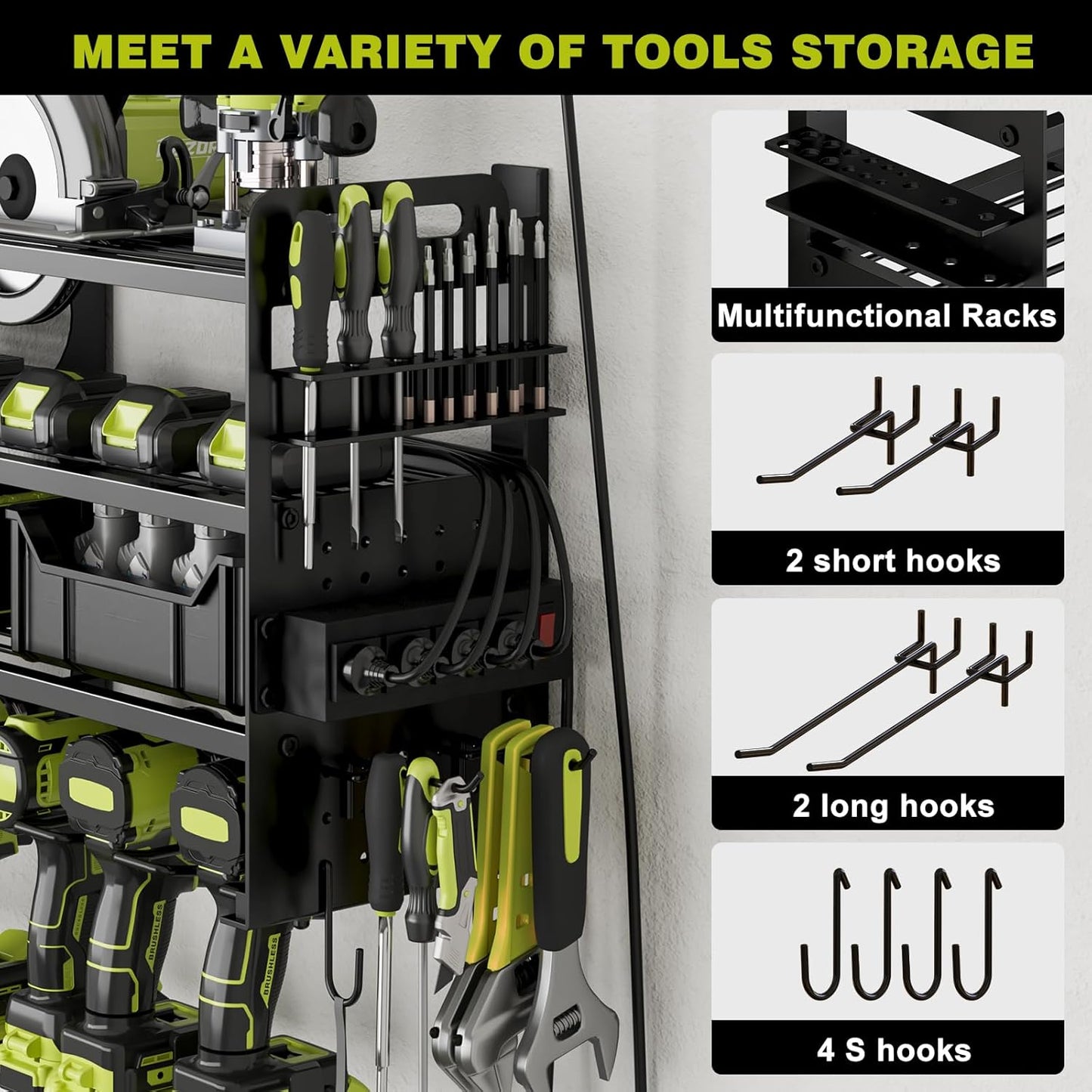 Skiennix Cordless Drill Holder - Heavy-Duty 4-Tier Power Tool Organizer with Pegboard & Power Strip