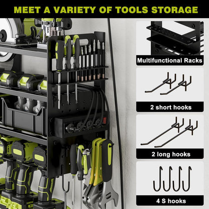 Skiennix Cordless Drill Holder - Heavy-Duty 4-Tier Power Tool Organizer with Pegboard & Power Strip