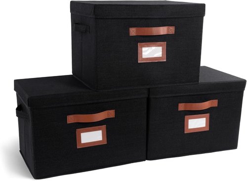 Large Fabric Storage Boxes by [Brand Name] - Decorative Bins with Lids & Faux Leather Handles | 3 Pack, Black (15.75" x 11.25" x 11.25")