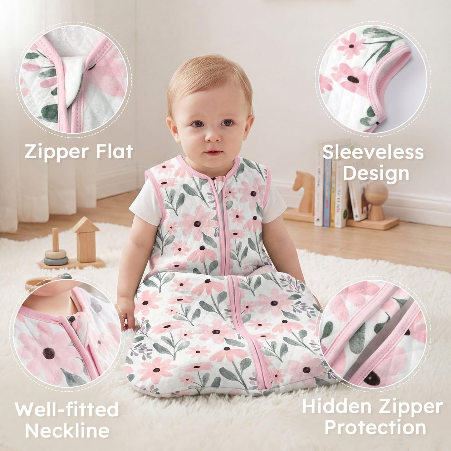 Yoofoss Baby Sleep Sack 6-12 Months 1.0 Tog Sleep Sack Organic Cotton Wearable Blanket for Infants 2-Way Zipper Quilted Sleeping Sacks(Medium)