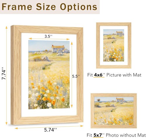 JCJMY 5x7 Solid Wood Picture Frame Set - Display 4x6 with Mat or 5x7 Without Mat, Natural Finish, 2 Pack
