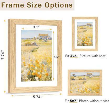 JCJMY 5x7 Solid Wood Picture Frame Set - Display 4x6 with Mat or 5x7 Without Mat, Natural Finish, 2 Pack