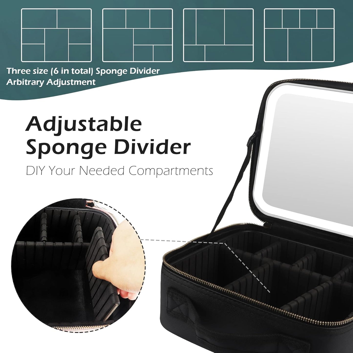 MOMIRA Travel Makeup Bag - Lighted Mirror with Adjustable Brightness | Waterproof Organizer - Black