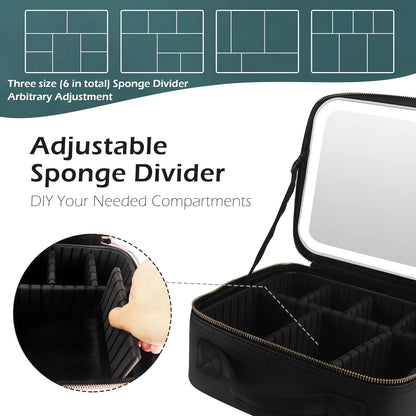 MOMIRA Travel Makeup Bag - Lighted Mirror with Adjustable Brightness | Waterproof Organizer - Black