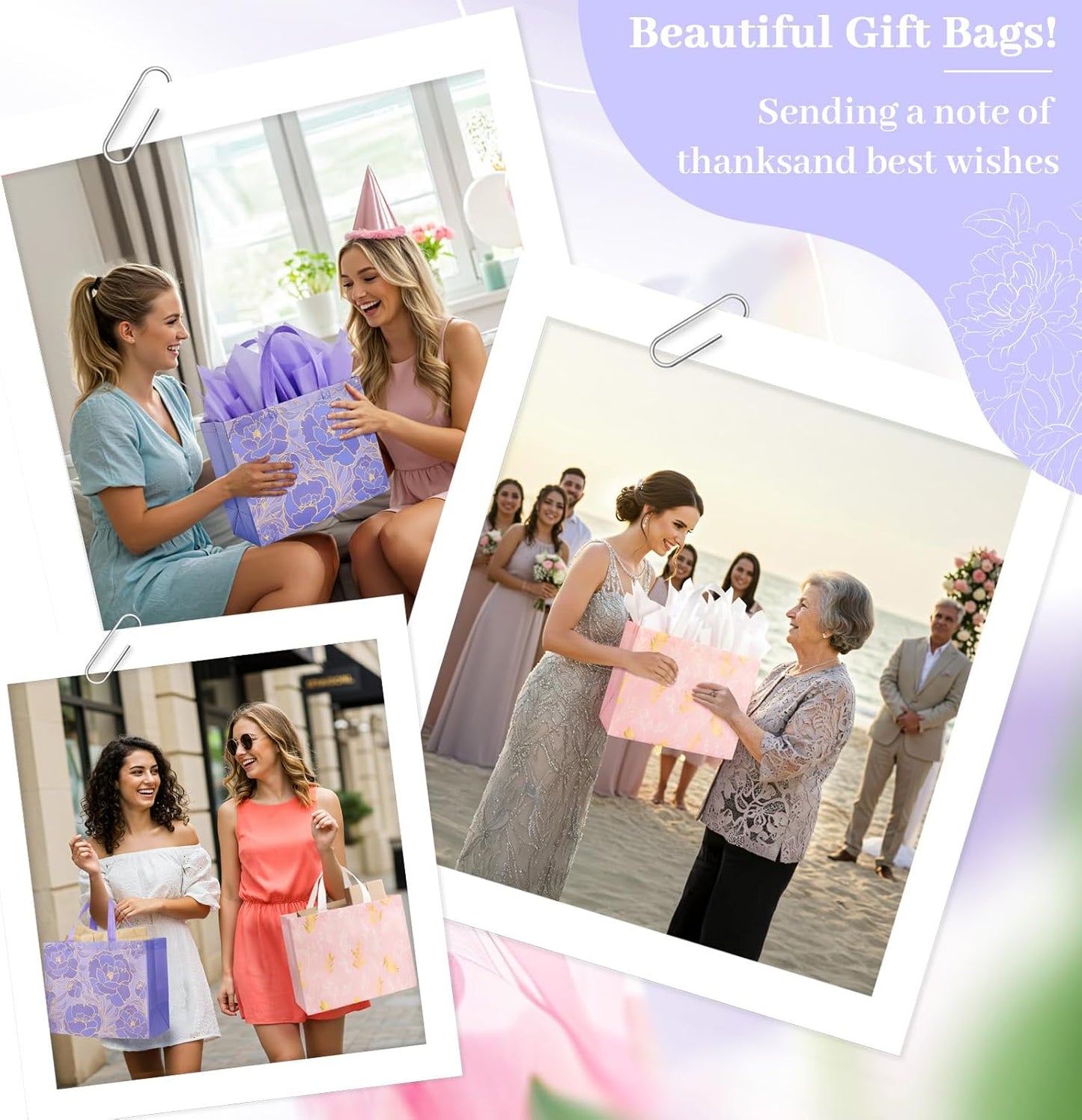 YANGTE 2 Pack Large 13" Reusable Gift Bags - Beautiful Design with Greeting Card & Tissue Paper for Birthdays, Weddings, & Special Occasions