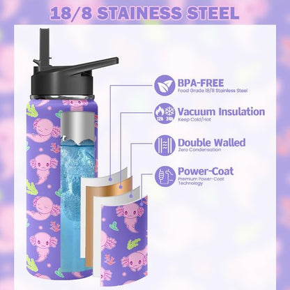 Axolotl Water Bottle - 18oz Stainless Steel Tumbler, Leakproof & BPA-Free for School & Sports