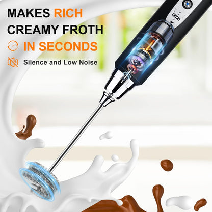 YUSWKO Handheld Milk Frother - Rechargeable Electric Whisk with 3 Heads & 3 Speeds for Lattes, Cappuccinos & More