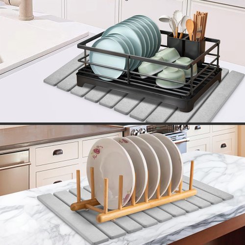 Large Stone Dish Drying Mats for Kitchen Counter, 24"(L)×16"(W) Collapsible Quick Dry Dish Drying Mat, Eco-Friendly Absorbent Diatomaceous Earth Mat for Dishes Bottles Cups, Match Any Countertop