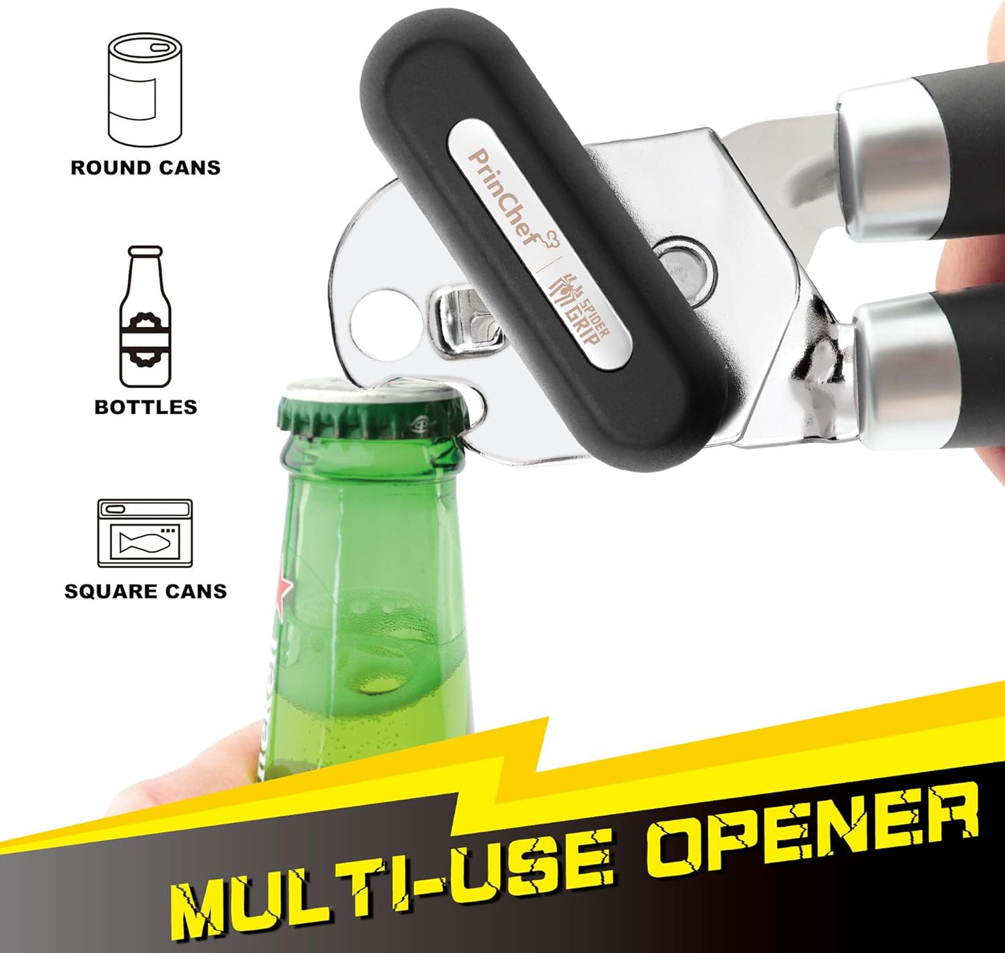 PrinChef Manual Can Opener - Smooth Edge Design for Seniors | Comfortable Grip & Reinforced Gear, Black
