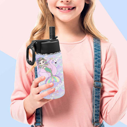 Personalized Kids Water Bottle with Straw Custom Mermaid Rainbow Fish Scales Water Cup with Kids Name Customized Mermaid Water Bottle Gift for Girls Daughter Granddaughter Child School Birthday 12oz