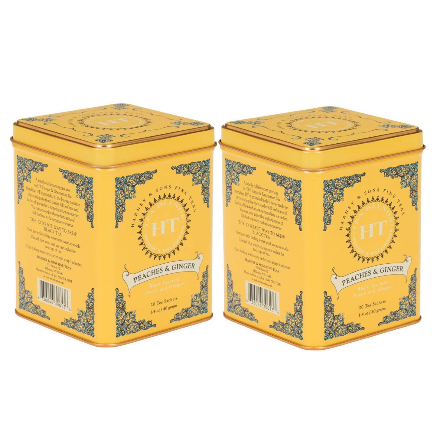 Harney & Son's Teabags, Peaches & Ginger Black Tea, 2 Pack, 20 Sachets Each, Caffeinated, Sweet & Fruity Flavors, 1.4 oz Tin