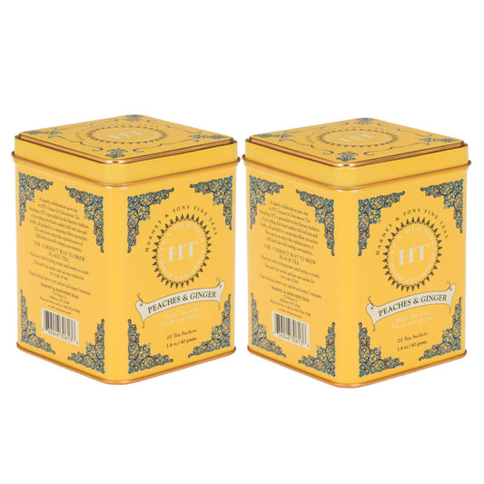 Harney & Son's Teabags, Peaches & Ginger Black Tea, 2 Pack, 20 Sachets Each, Caffeinated, Sweet & Fruity Flavors, 1.4 oz Tin