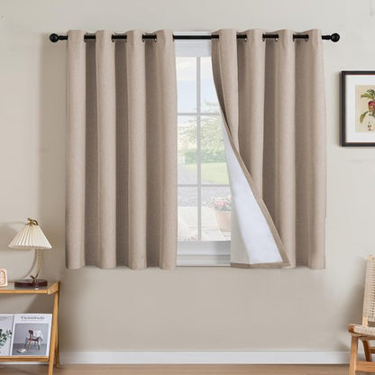 H.VERSAILTEX Linen Curtains 100% Blackout Curtains for Bedroom 45 inch Long Full Light Blocking Nature Linen Blended Window Curtains for Living Room Nickel Grommet (2 Panels, Heathered Sand)