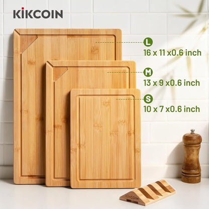 Kikcoin Bamboo Cutting Boards - 3-Piece Kitchen Set with Non-Slip Feet & Juice Grooves | Knife-Friendly Design