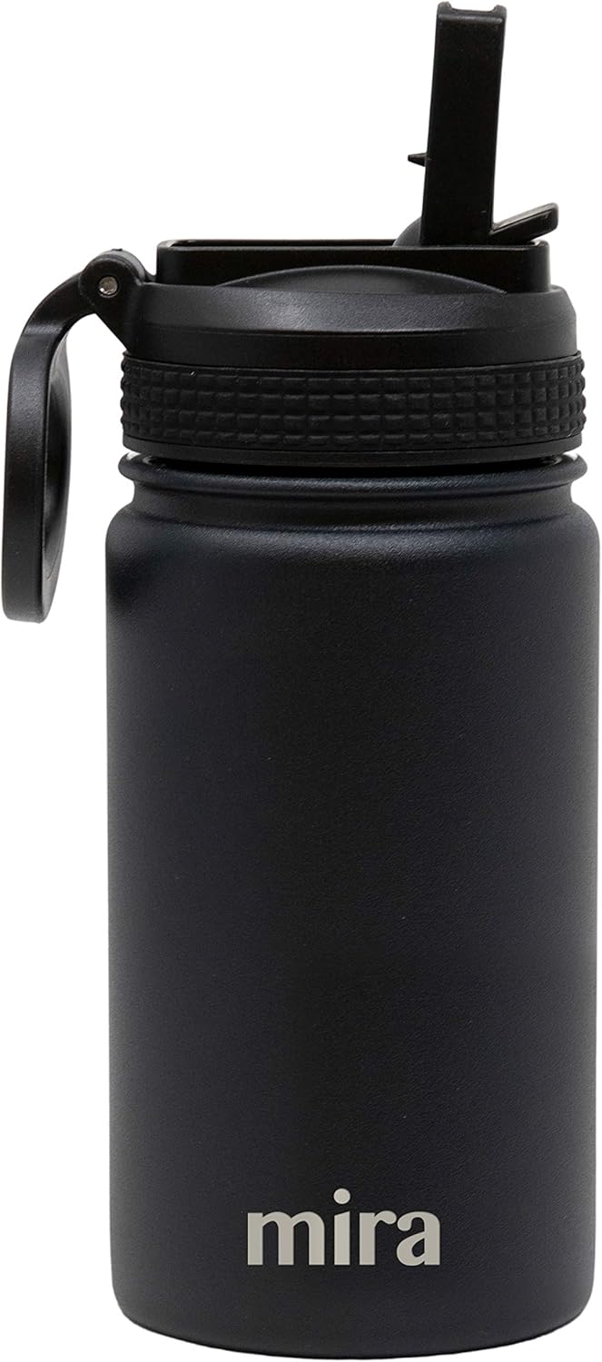 MIRA 12 oz Insulated Water Bottle - Leak-Proof Stainless Steel with Straw Lid for Travel & Gym - Black