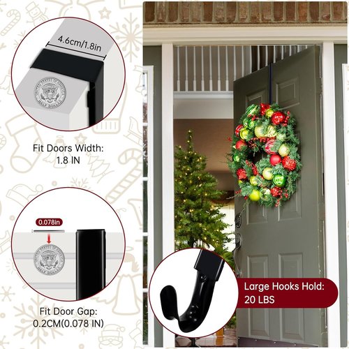 DZZ Black Wreath Hanger - Adjustable Door Hook for 20 Lb Capacity | Fits 15 to 25 Inches for Holiday Decor