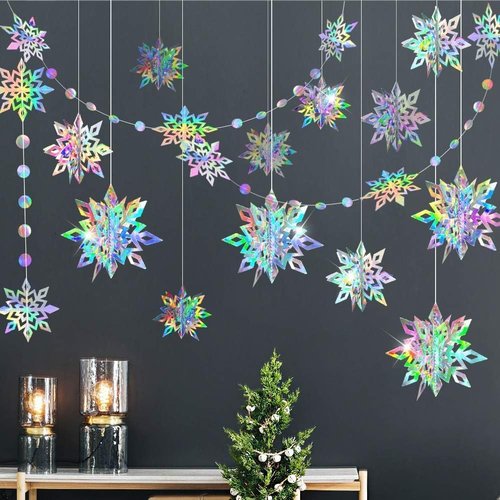 Cheerland Iridescent Snowflake Garland - Holographic 3D Streamers for Winter Wonderland Party Decor