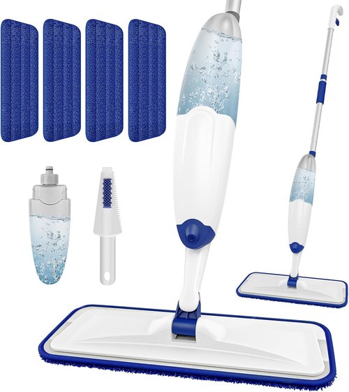 HOMTOYOU Microfiber Flat Mop - Spray Mop with 4 Washable Pads for Multi-Surface Cleaning | 400+ML Refillable Bottle
