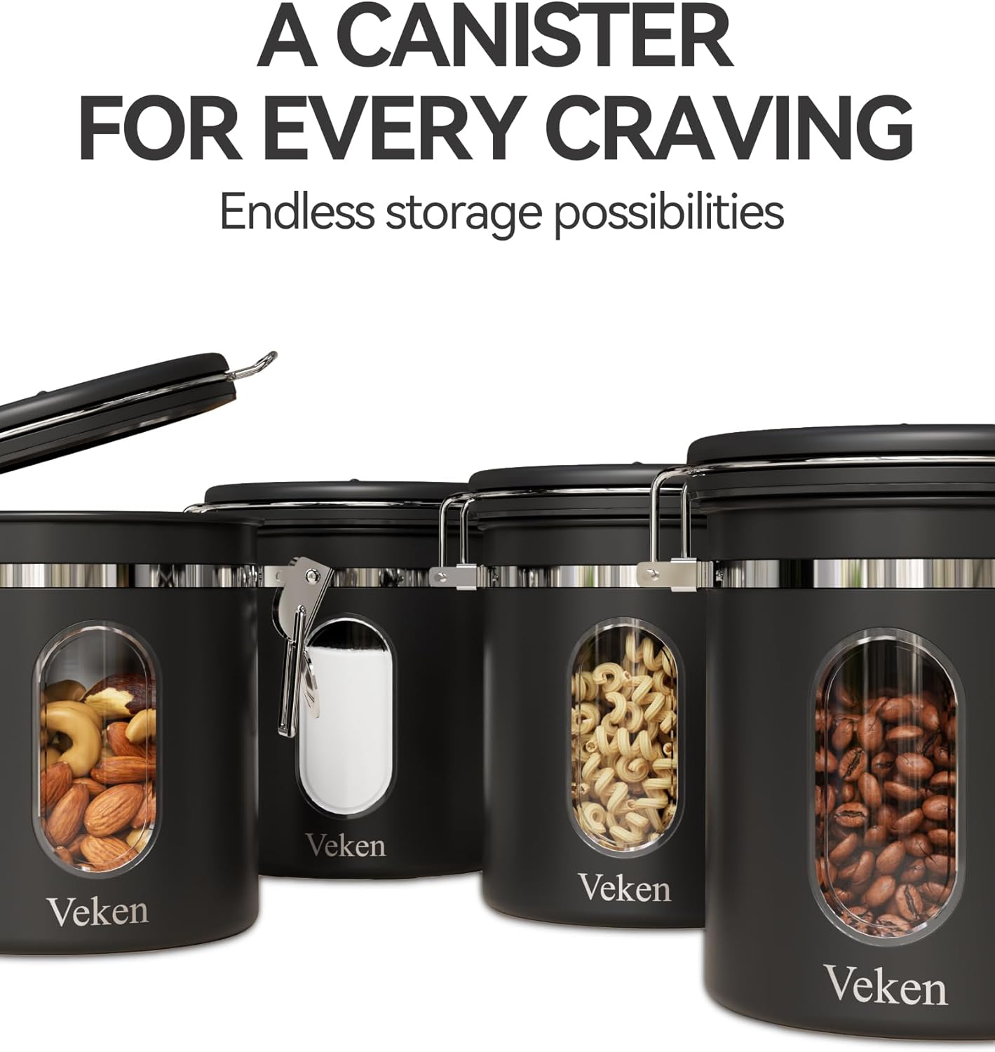 Veken Coffee Canister - Airtight Stainless Steel Storage with Window & Date Tracker | 16oz Black