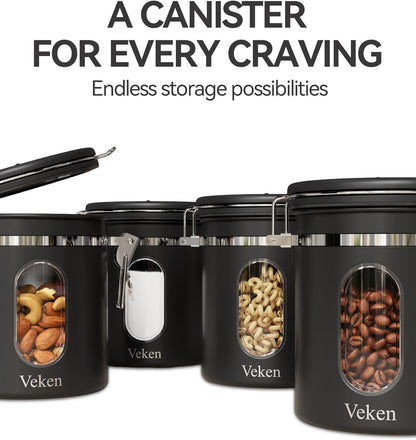 Veken Coffee Canister - Airtight Stainless Steel Storage Container with Window & Date Tracker | 16oz, Black