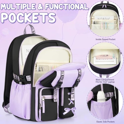 Fimibuke Girls' Backpack Set - 3 PCS Waterproof Backpack with Lunch Box & Pencil Case | Ideal for School, All Ages