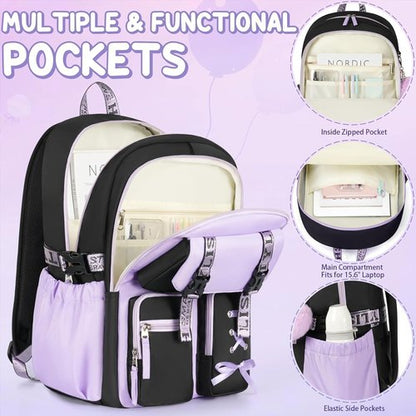Fimibuke Girls' Backpack Set - 3 PCS Waterproof Backpack with Lunch Box & Pencil Case | Ideal for School, All Ages