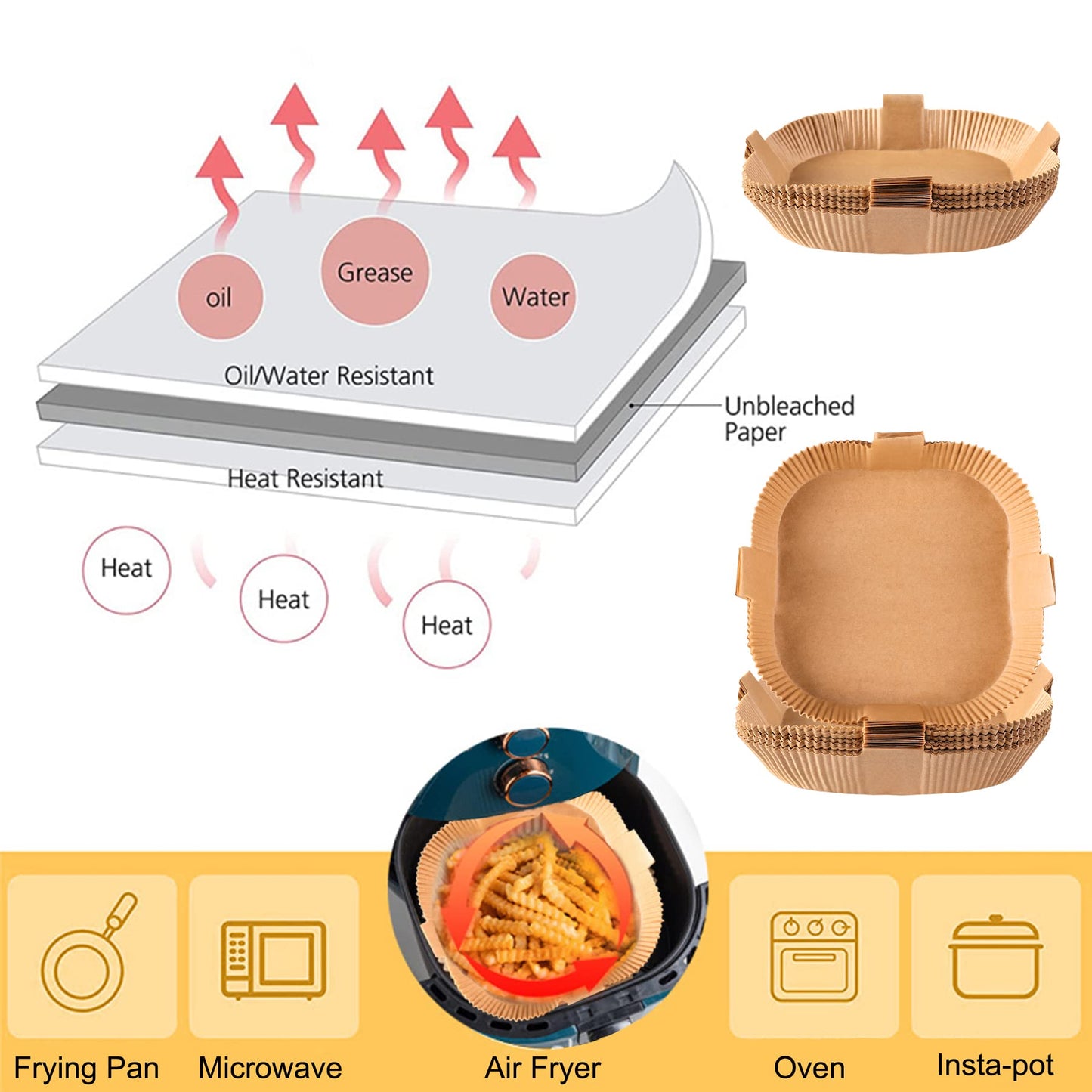 Air Fryer Disposable Paper Liner, Square Parchment Cooking Non-Stick, Baking Roasting Food Grade Paper for Air Fryer, Microwave Oven, Frying Pan, Oil-proof, Water-proof (60PCS 6.3 Inch Natural)