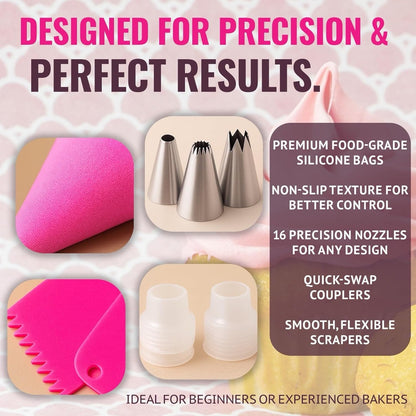 Skiennix Piping Bags and Tips Set - 21-Piece Reusable Cake Decorating Kit with 14 Stainless Steel Nozzles, 2 Silicone Bags & 3 Scrapers