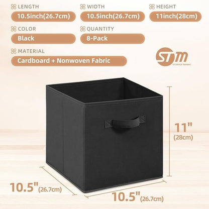 **Storage Maniac 11-Inch Collapsible Storage Cubes - Durable Fabric Bins for Organization | 8-Pack Black**