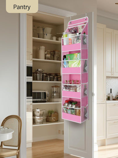 Yecaye 5-Tier Over The Door Organizer - Swing-Proof Hanging Storage with Clear PVC Windows | Bubblegum Pink