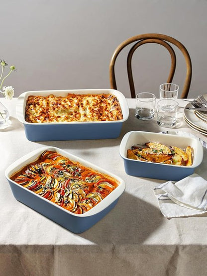 LE TAUCI Ceramic Baking Dish Set - Large Deep Casserole Dishes with Handles | Dusty Blue, Set of 3 (4.6QT/3.0QT/1.6QT)