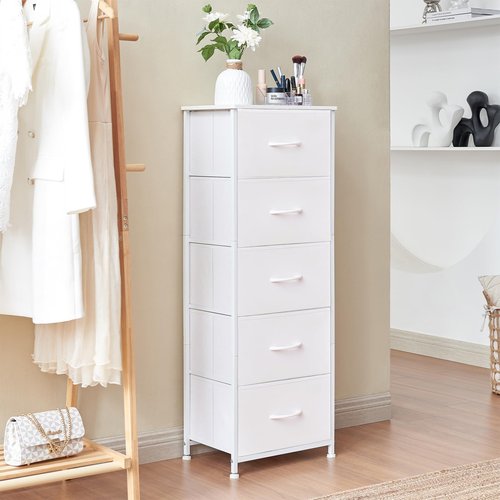 Somdot Tall Dresser for Bedroom with 5 Drawers, Storage Organizer Chest of Drawers with Removable Fabric Bins for Closet Bedside Living Room Laundry Entryway Hallway, White Leather