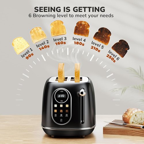 Keenstone Smart Touch Screen Toaster - 2 Slice Retro Stainless Steel with 6 Browning Levels | Black