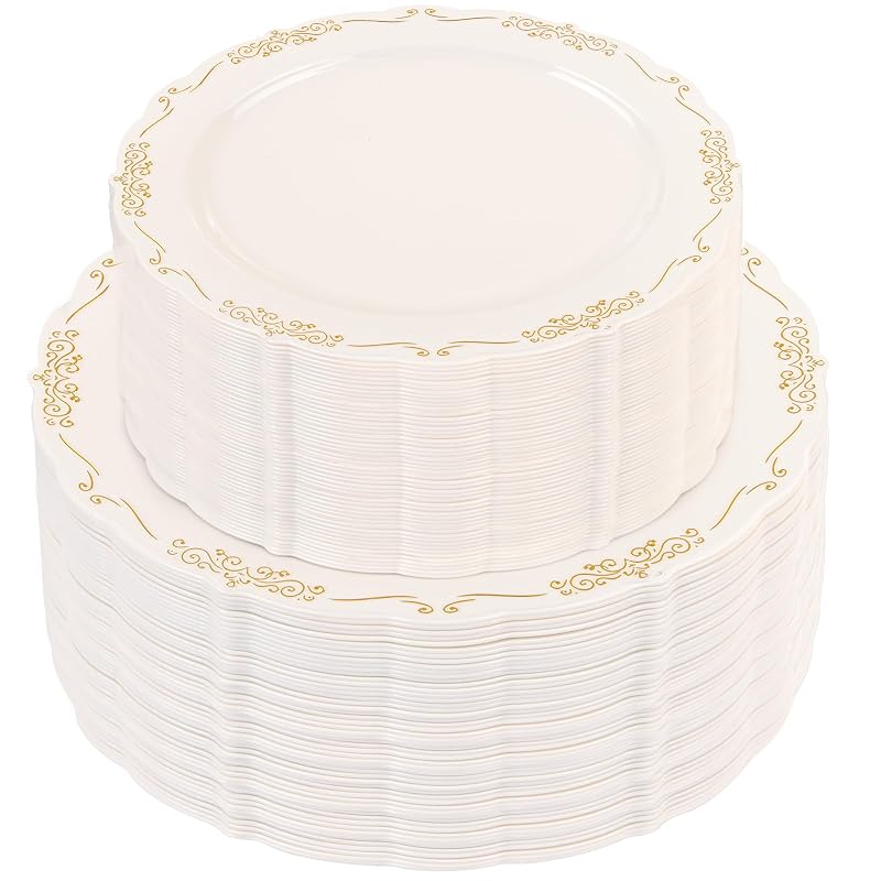 Ivory Plates with Gold Rim - 100 PCS Disposable Dinner & Dessert Plates - BPA Free - Ivory Gold (Variation: Ivory Gold)