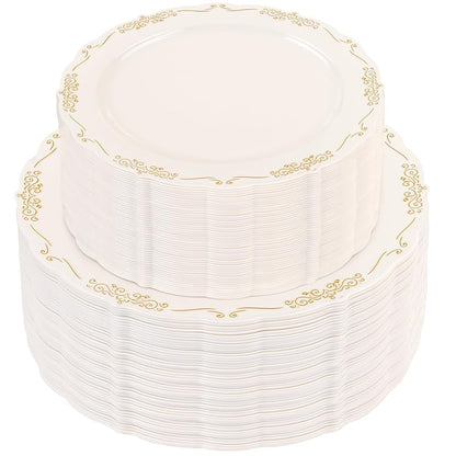 Ivory Plates with Gold Rim - 100 PCS Disposable Dinner & Dessert Plates - BPA Free - Ivory Gold (Variation: Ivory Gold)