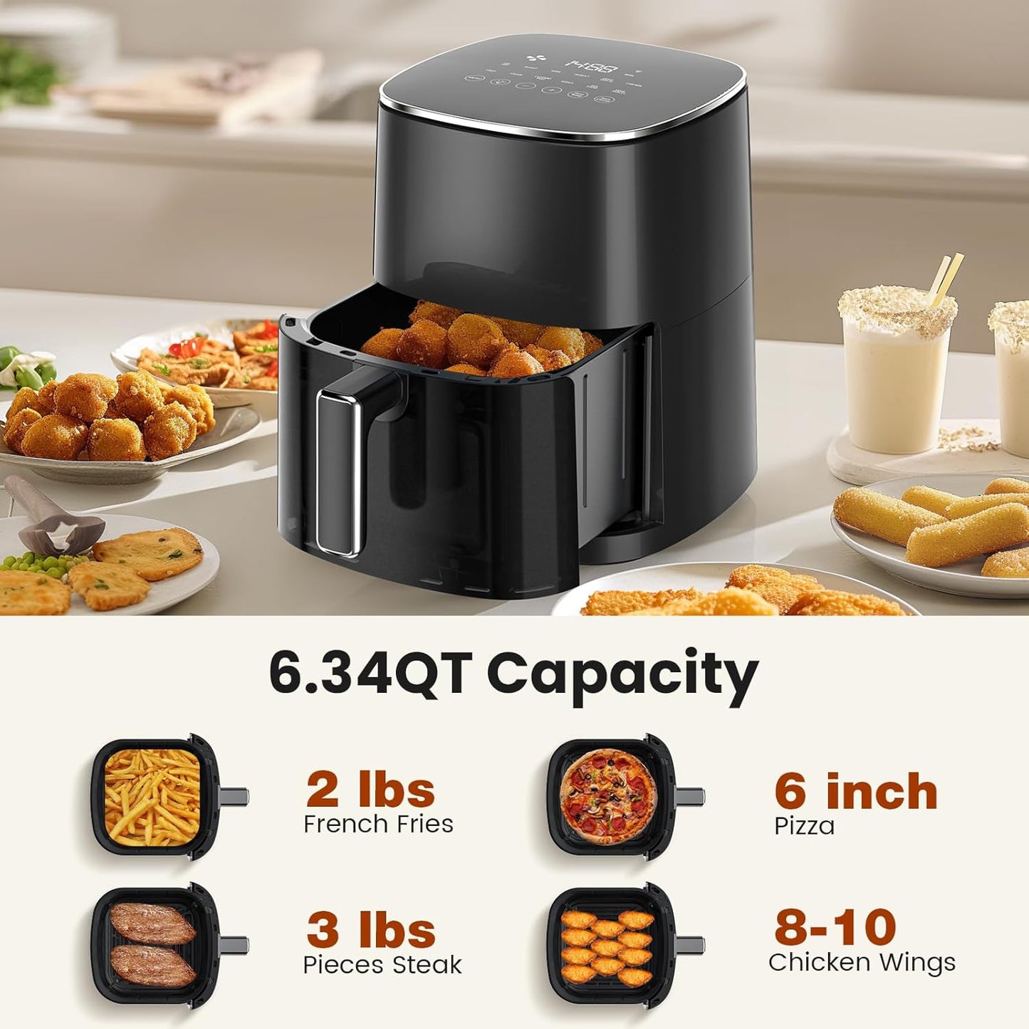 Sweetcrispy 6QT Air Fryer - 12-in-1 Square Air Fryer Oven with Window & Easy-Clean Basket, 400°F Rapid Air Technology
