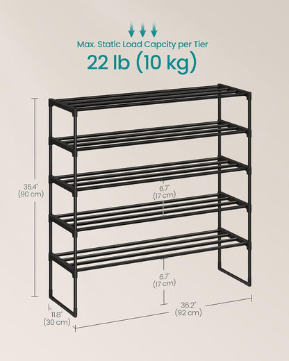 SONGMICS 5-Tier Shoe Rack - Stackable Metal Organizer for 20-25 Pairs | Black, 11.8 x 36.2 x 35.4 Inches