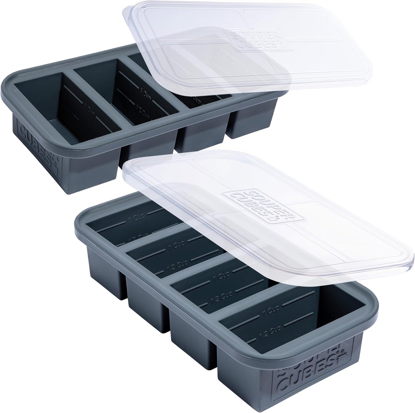 Souper Cubes 1 Cup Silicone Freezer Tray - Meal Prep Molds for Broth, Leftovers & Sauces | Charcoal - 2-Pack