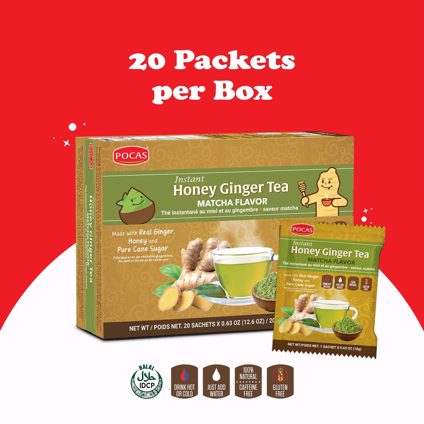 Pocas Honey Ginger Tea and Matcha – Instant Tea Powder Packets with Real Ginger, Honey, and Matcha Green Tea, Caffeine Free Tea, 20 Count (Pack of 2)