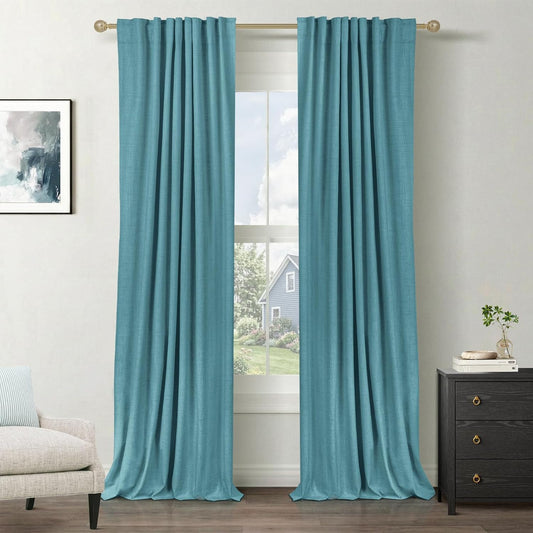 Skiennix 100% Blackout Linen Curtains - Thermal Insulated Drapes, 50" W x 108" L, Dark Cyan - 2 Panels Set