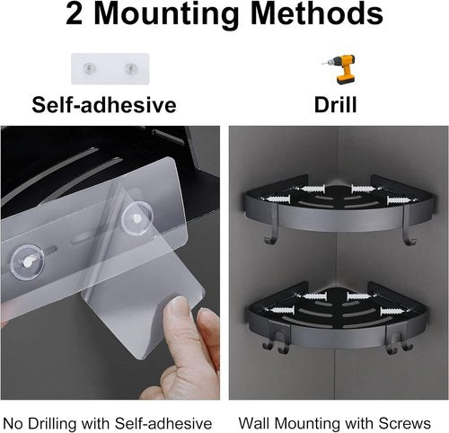 DUFU Adhesive Corner Shower Caddy - No Drill Rust Proof Aluminum Organizer | 2 Pack Black