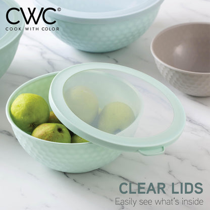 COOK WITH COLOR Mixing Bowls with Lids - 12 Piece Plastic Nesting Bowls Set includes 6 Prep Bowls and 6 Lids, Non Slip Bottom and Embossed Design - Microwave Safe (Mint)