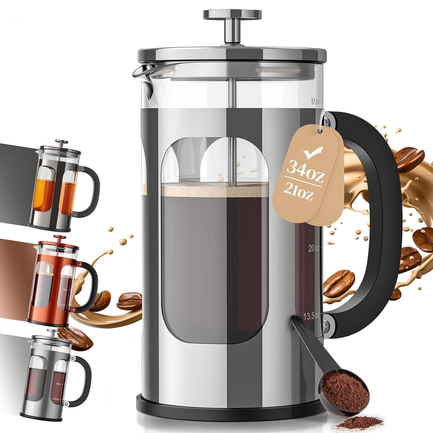 Veken French Press Coffee Maker - 34oz Heat Resistant Borosilicate Glass | Stainless Steel Brewer for Home & Travel