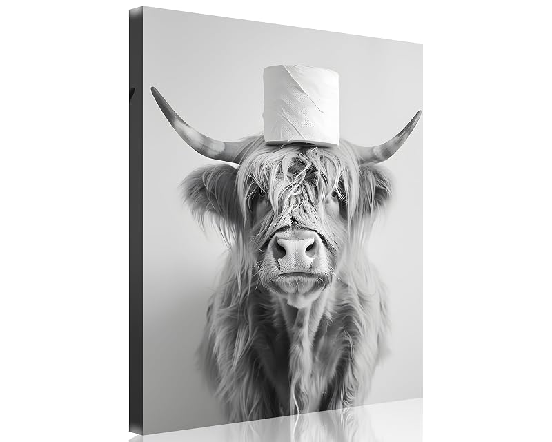 Highland Cow Wall Art 24x36 — Funny Toilet Room Decor, Black & White Canvas
