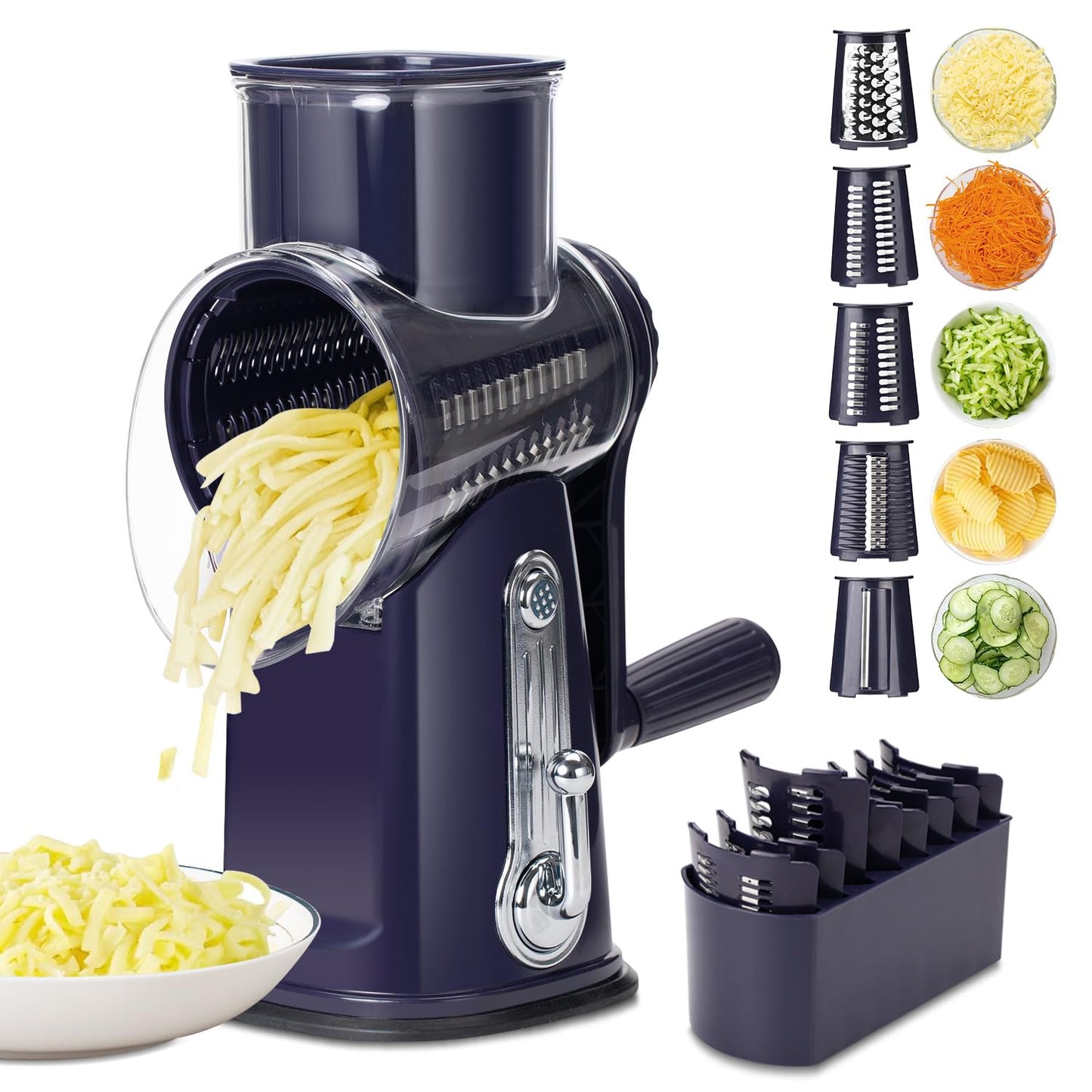 Rotary cheese grater - hand-cranked,5in1 washable & easy to clean - perfect for chefs, cuts cheese, veggies, fruits, nuts, crackers - upgraded model with strong suction-Hand Crank Cheese Grater