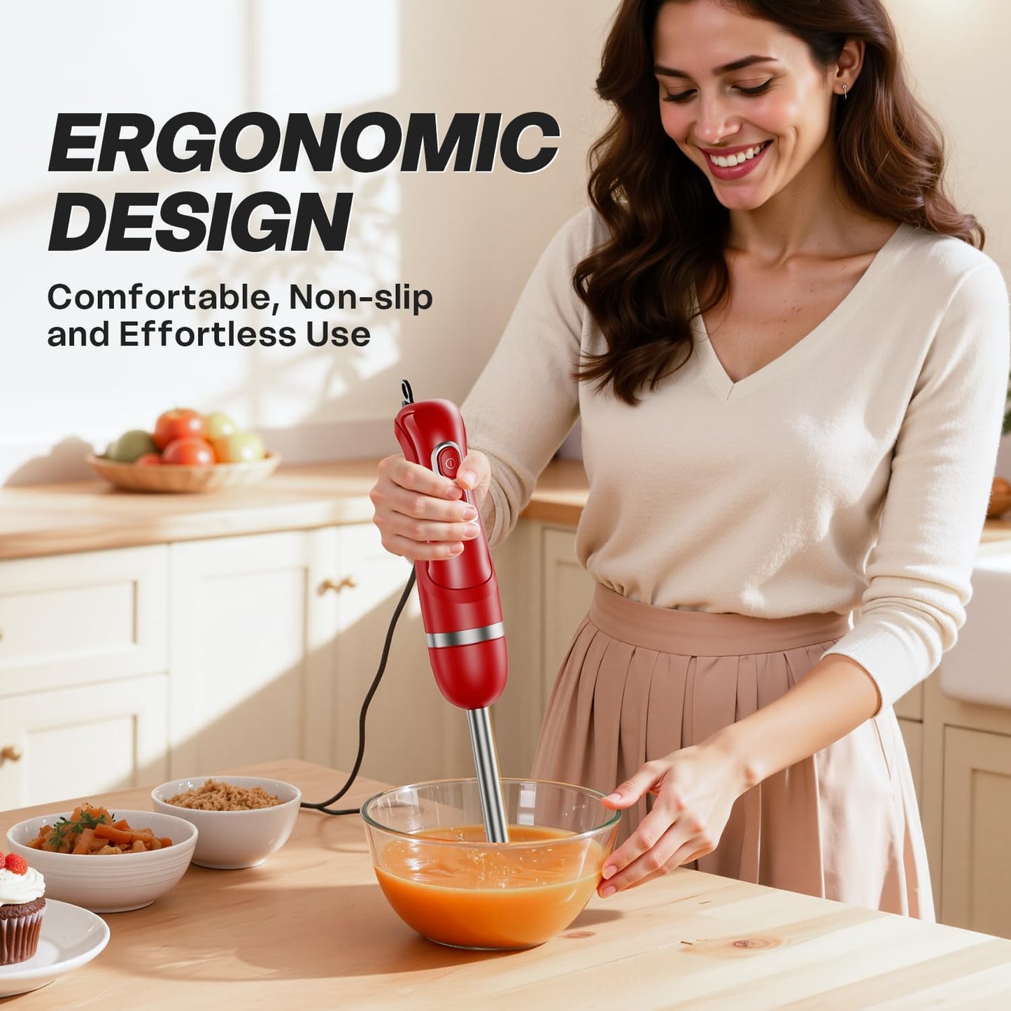 Skiennix Immersion Blender - Handheld Electric Stick Mixer with Stainless Steel Blades | 2 Speed for Smoothies, Soups, and Purees