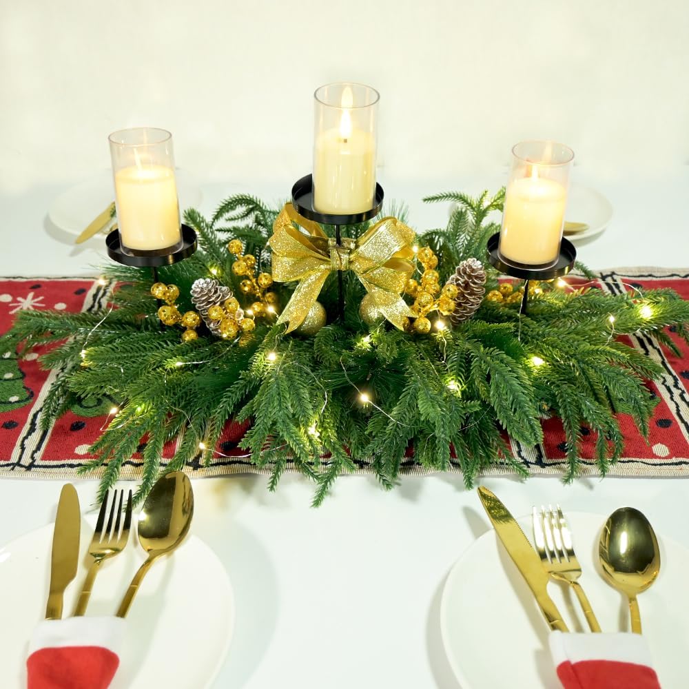 Skiennix Christmas Centerpiece - Elegant Candle Holders with Golden Glitter Bow & Pine Cones | 27.6" Table Decor