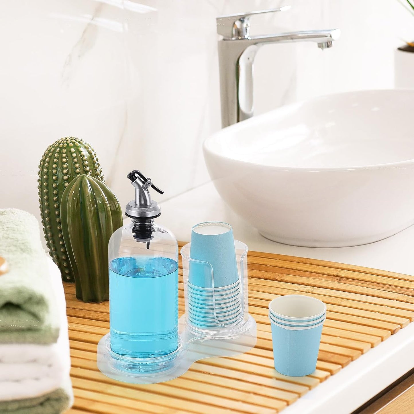 Tbestmax Mouthwash Dispenser - Clear 16oz Pump Bottle with Cup Holder & Tray for Bathroom Organization