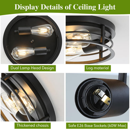 piano7797 Industrial Ceiling Light Fixtures,2-Light Hallway Light Fixtures Ceiling, Black Flush Mount Ceiling Light Fixture,Light Fixture Ceiling Mount for Farmhouse,Kitchen, Bedroom 2 Pack