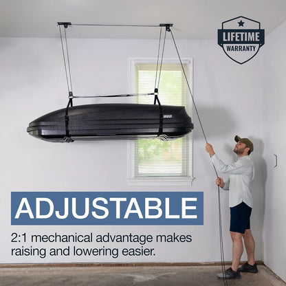 StoreYourBoard Cargo Box Pulley System - Heavy-Duty Garage Hoist for Rooftop Carriers | 150 lbs Capacity, Fits 8-10 ft Ceilings